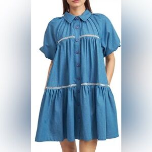 En Saison Tara Puff Sleeve Babydoll Shirtdress Blue Size Medium